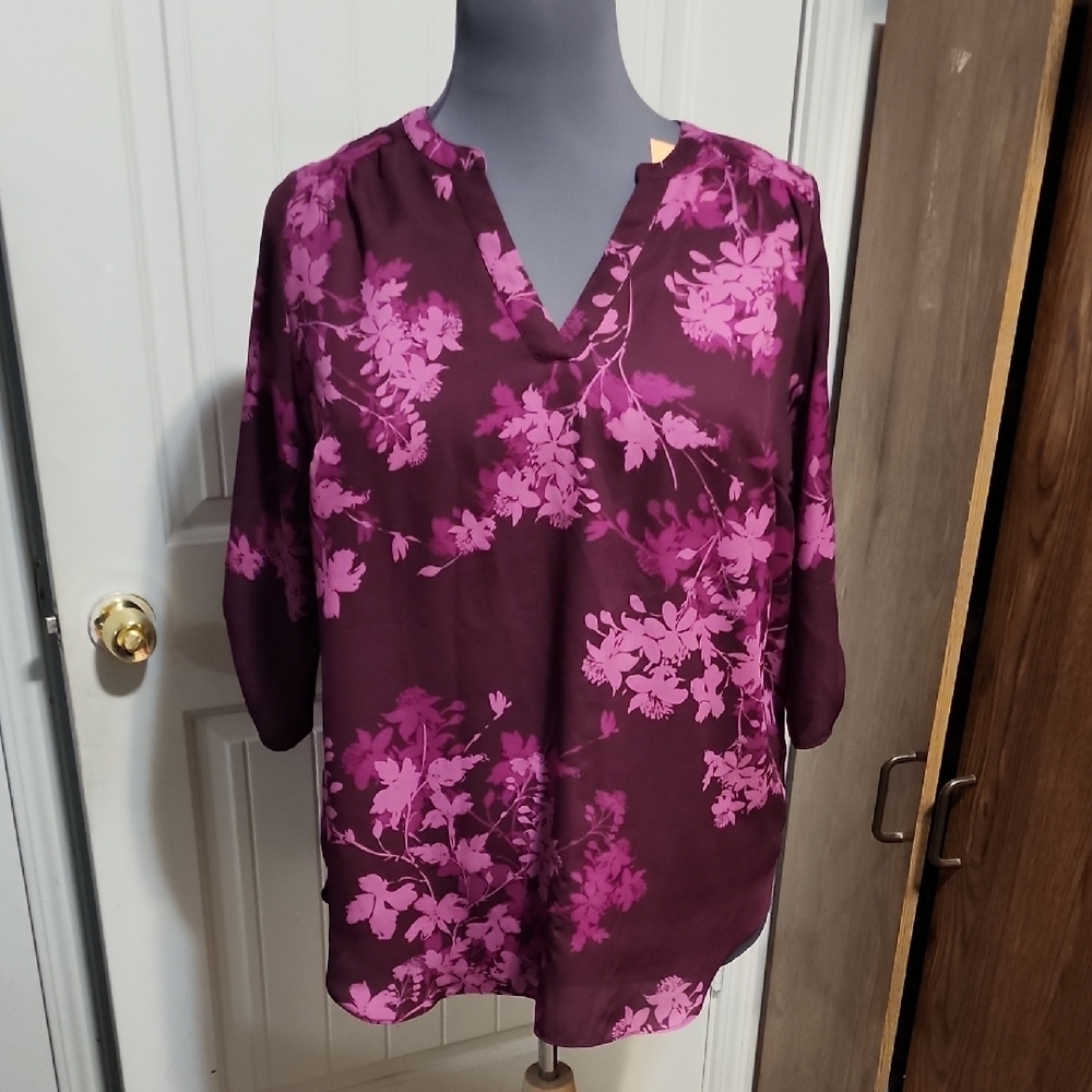 Worthington Floral V-Neck Blouse - Deep Purple and Pink